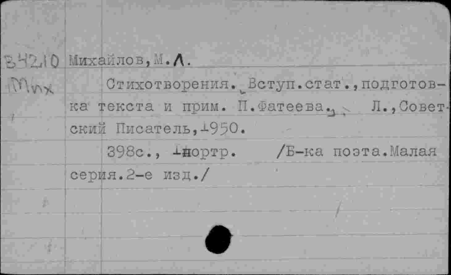 ﻿< 4 /й 0 .Михайлов, М. Л.
Стихотворения.^Вступ.стат.,подготовка текста и прим. П.Фатеева.3 Л.,Совет, ский Писатель,-*-950 •
398с., -х-иортр. /Б-ка по эта. Малая серия.2-е изд./